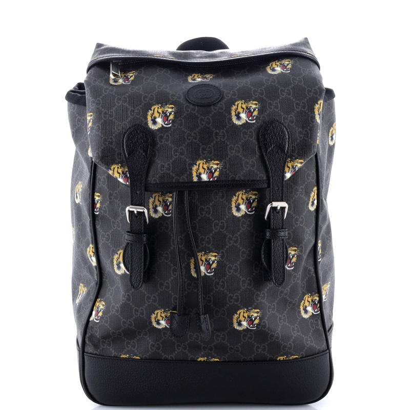 Interlocking G Patch Drawstring Flap Backpack Printed GG Coated Canvas Medium