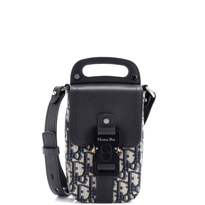 Vertical Saddle Pouch with Strap Oblique Canvas and Leather