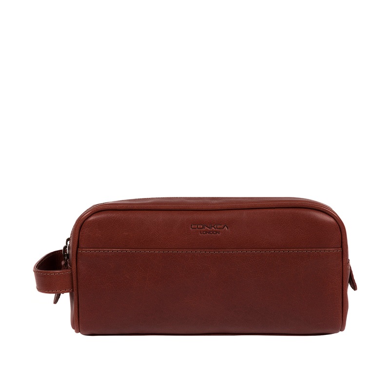 'Alberto' Conker Brown Leather Washbag