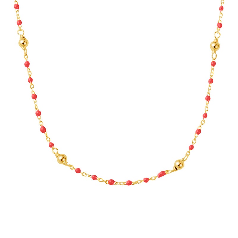 Mocha DPI Ss Ball Chain Necklace Plated w/ Red Beads - Gold