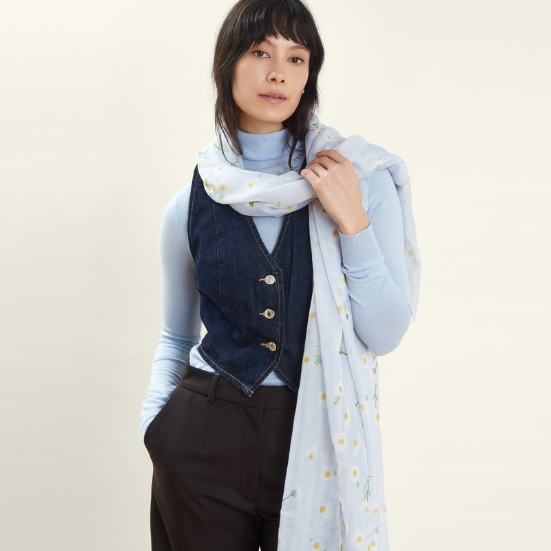 Blue Lightweight Daisy Print Scarf Blue