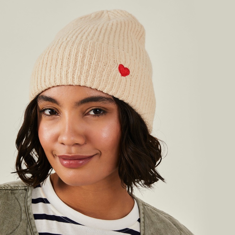 Embroidered Heart Beanie Hat Natural