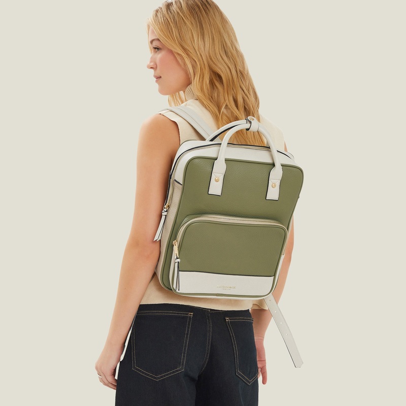 Khaki Two-Tone Top Handle Faux Leather Backpack
