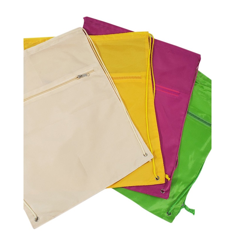 48 ct Promotional Polyester Drawstring Bags with Front Pocket - ASSORTED COLOR PACK (CLOSEOUT)