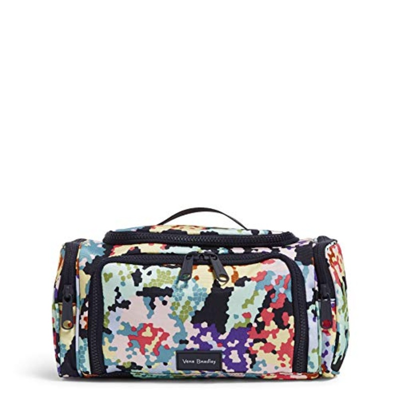 Vera Bradley Women's Recycled Lighten Up Reactive Large Travel Cosmetic Makeup Organizer Bag, Happy Blooms Cross-Stitch, One Size