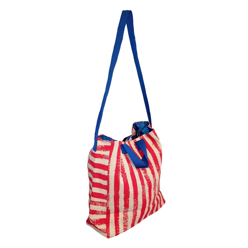 101 BEACH - 2 IN 1 Cross-Over Large Tote Bag - Custom Embroidery (Red Stripe - Blue Trim)