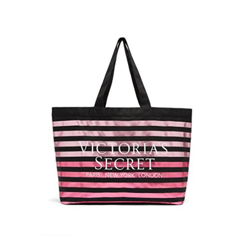 Victorias Secret Metallic Striped Canvas Tote Black & Pink