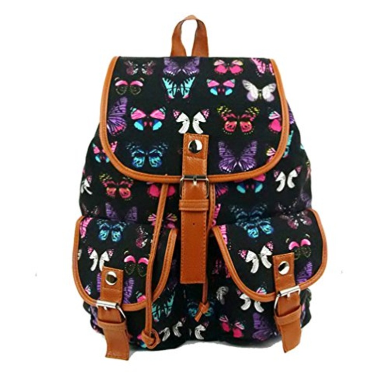 Bibitime European Style Butterfly Printed Canvas Backpack Multi-Pocket School Bag Black,12.99 X