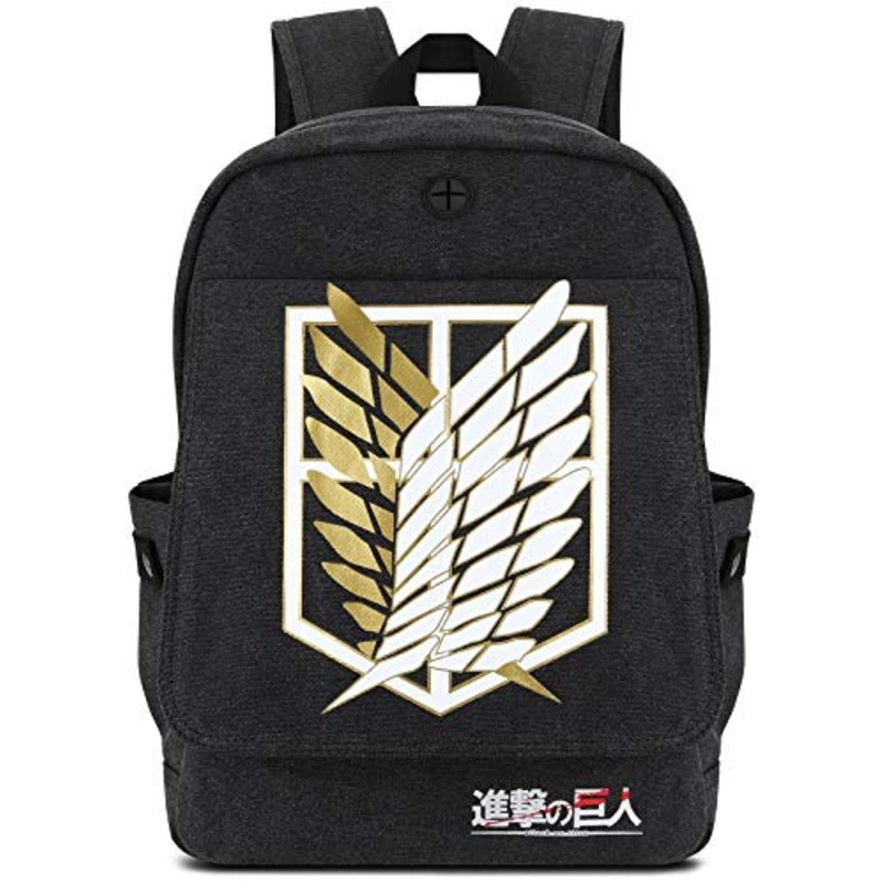 Roffatide Anime AttackonTitan Wings of Freedom Backpack for Men Printed Schoolbag Canvas Backpack Daypack with Headphone Hole Black