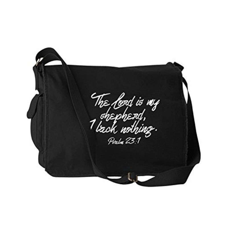 The Lord Is My Shepherd, I Lack Nothing Bible Quote Phrase Black Canvas Messenger Bag