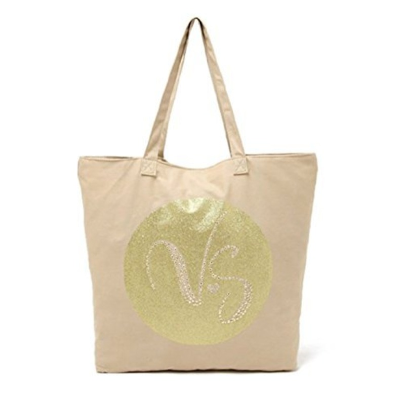 Victoria'S Secret Vs Embellished Canvas & Gold Beach Bag Tote Purse