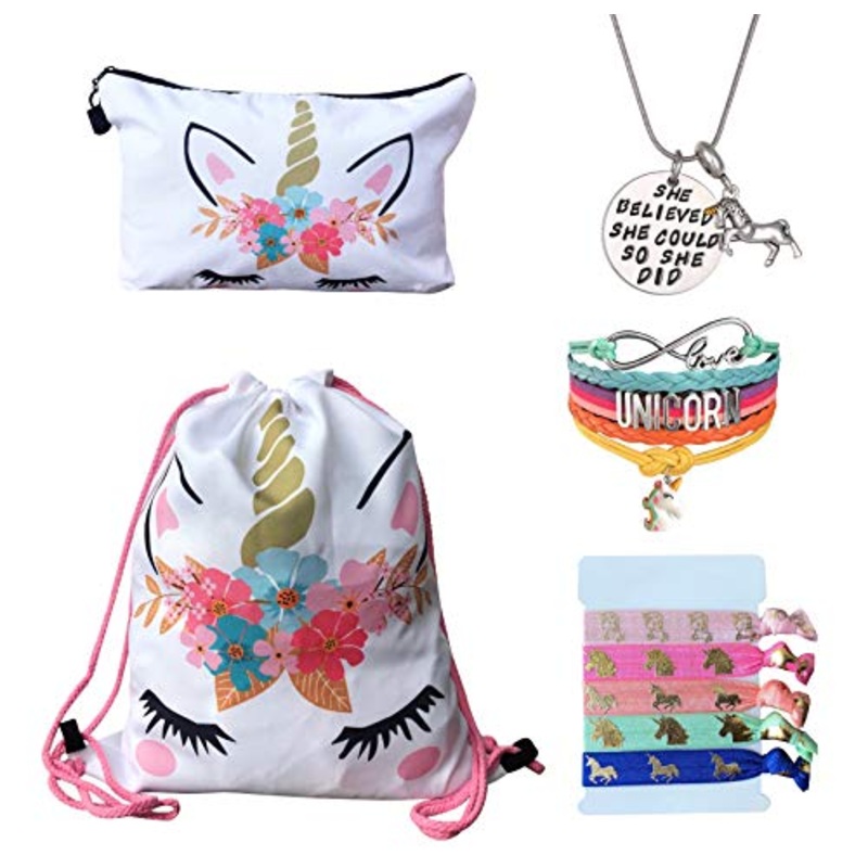 Unicorn Gifts for Girls - Unicorn Drawstring Backpack/Makeup Bag/Bracelet/Inspirational Necklace/Hair Ties (White Flower)