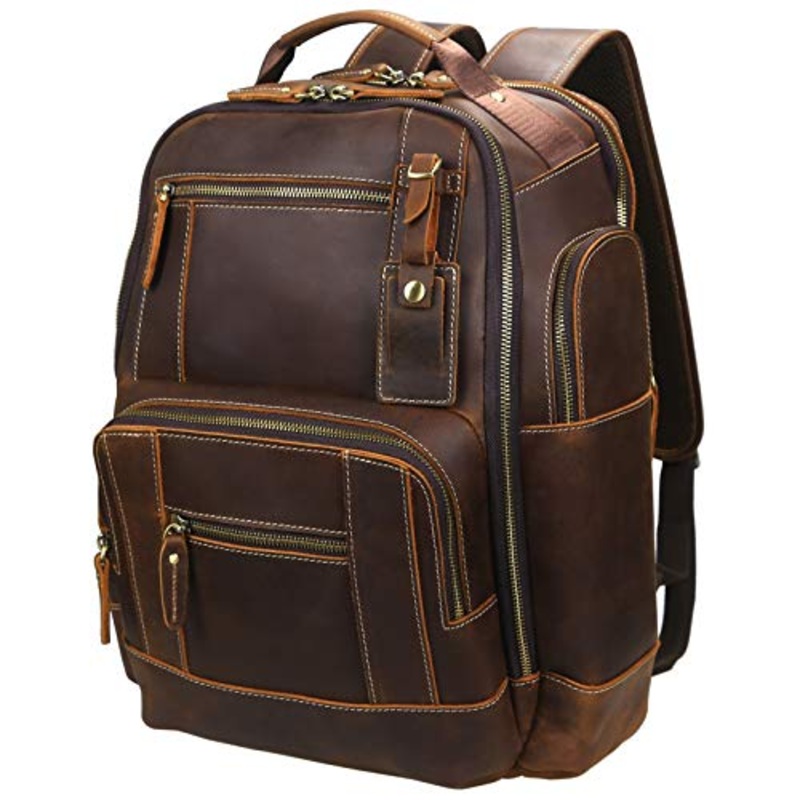 Lannsyne Men's Vintage Full Grain Leather 15.6 Inch Laptop Backpack Camping Travel 24L Rucksack