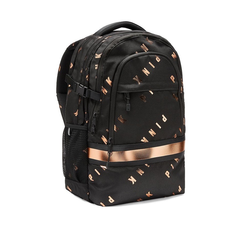 Victoria's Secret Pink Collegiate Backpack School Bag Black Copper Foil