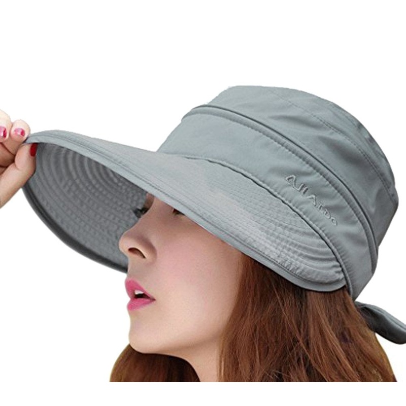 Womens 2in1 Wide Brim Summer Folding Anti-UV Golf Tennis Sun Visor Cap Beach Hat, Grey, OS