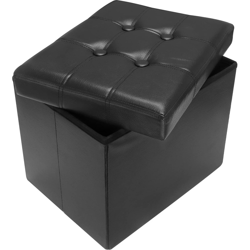 Amassmile Storage Ottoman Folding Foot Rest Stool, Leather Footstool Bench, Short Ottoman Stool, Storage Foot Rest Store, Books (Black, 13" D X 17" W X 13" H)