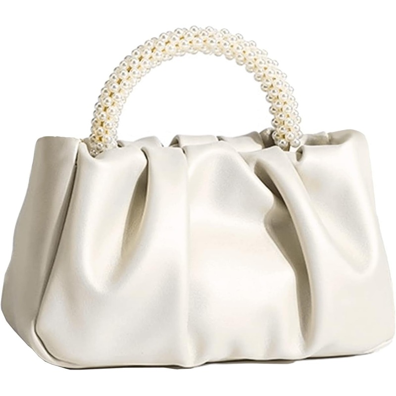 Beatfull Evening Purse Women Small Pearl Handbags Soft Leather Ruched Bag Wedding Bridal Clutch Party Prom Crossbody Purses