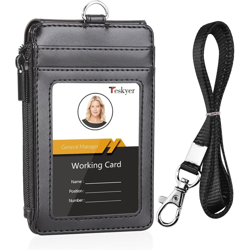Teskyer ID Badge Holder with Lanyard, 1 Zip Pocket and 4 Card Slots, Lanyard ID Card Holder Wallet for Office School Work Badges, Cruise Ship Cards, Hotel Key Cards, Pass Cards - Black