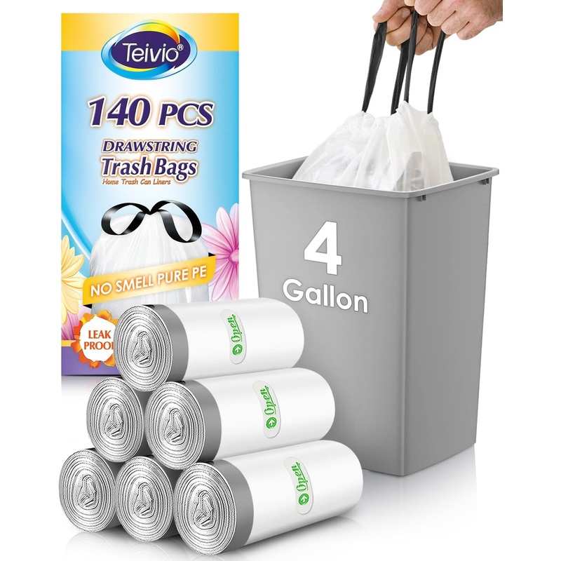 4 Gallon 140 Counts Strong Drawstring Trash Bags Garbage Bags by Teivio, Bathroom Trash Can Bin Liners, Small Plastic Bags for Home Office Kitchen, White