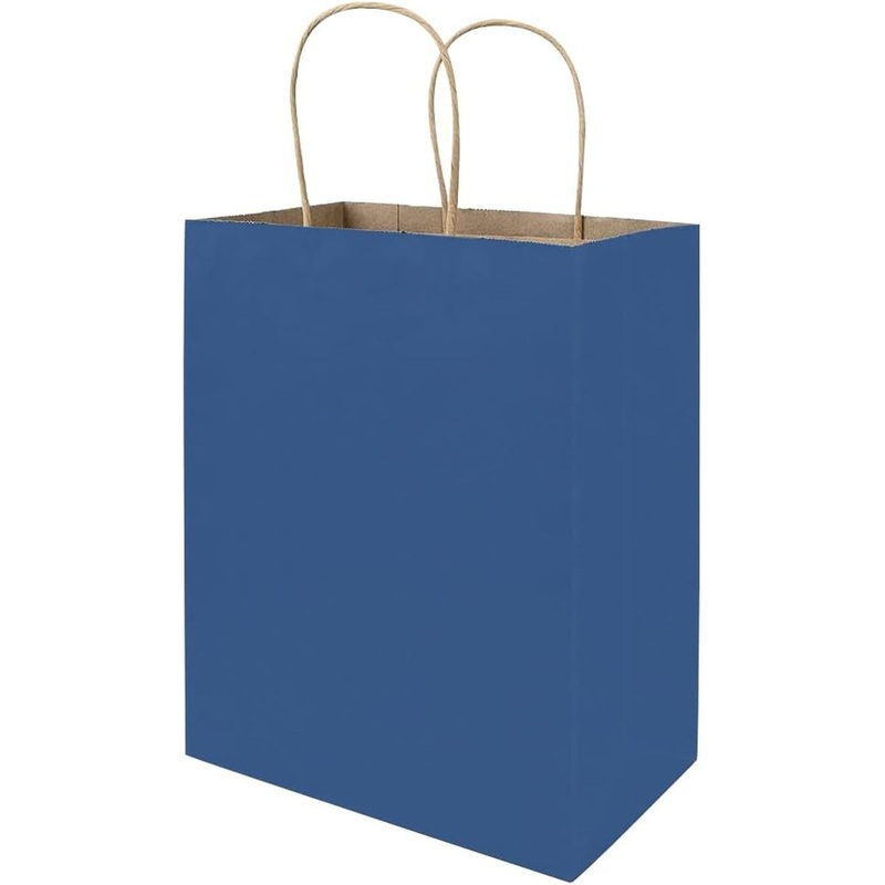 Bagmad 50 Pack 8X4.75X10 Inch Medium Blue Kraft Paper Bags with Handles Bulk, Gift Bags, Craft Grocery Shopping Retail Party Favors Wedding Business Sacks (Blue, 50Pcs)