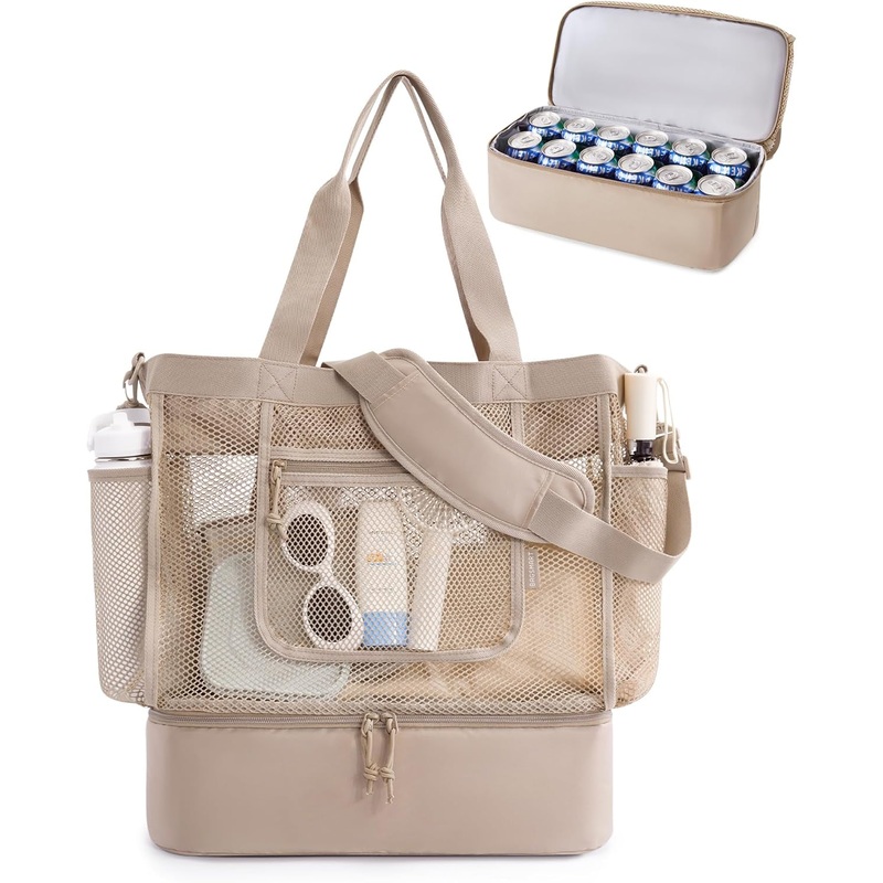 BAGSMART Beach Bag for Women, Mesh Tote Bags with Zipper, Sandproof Vacation Essentials with Cooler for Swim Cruise Pool