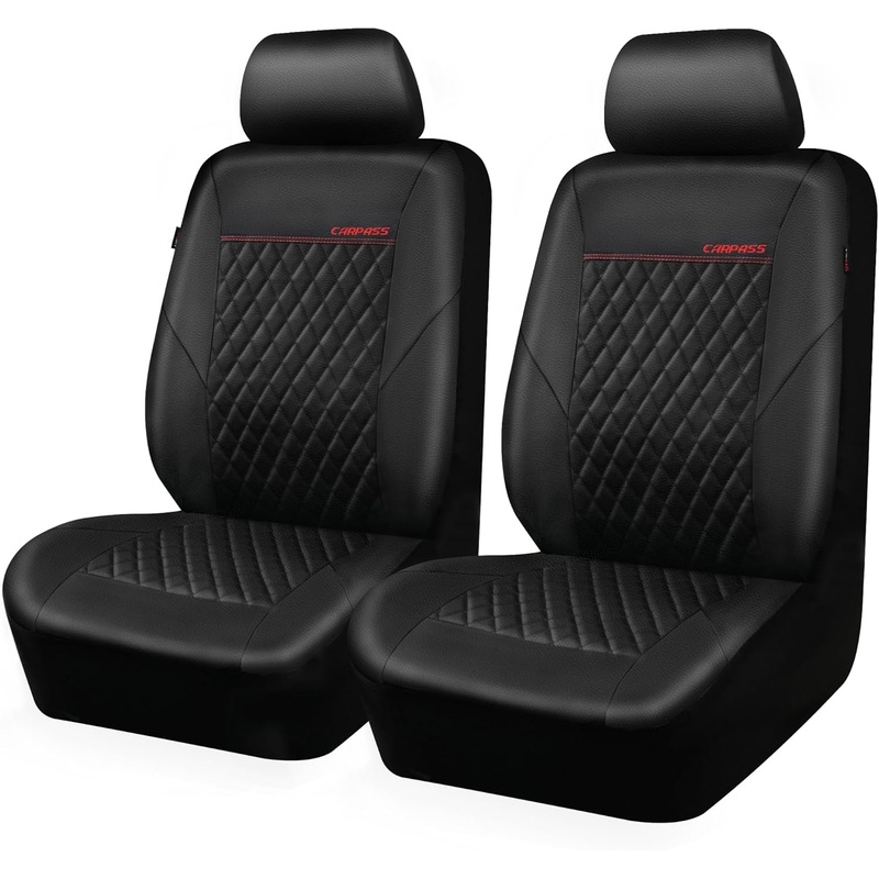 CAR PASS Quilting Leather Seat Cover Two Front Seats Only, Universal Fit Automotive Front Seat Covers Waterproof Deluxe PU Premium Vinyl Luxury for Cars Sedan Van SUV Airbag Compatible 2 Pieces,Black