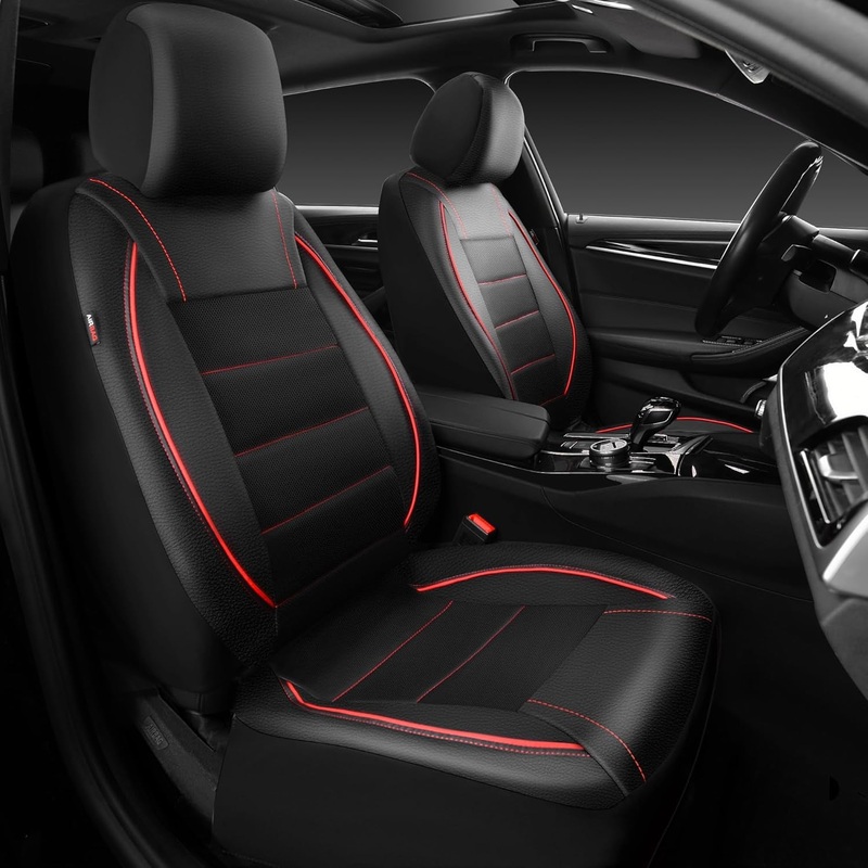 CAR PASS Universal FIT Piping Leather Two Front Seat Covers, Waterproof Faux Leather for SUV Sedan Van Truck, Airbag Compatible,Reserved Opening Holes for Headrest Covers. (Black Red)