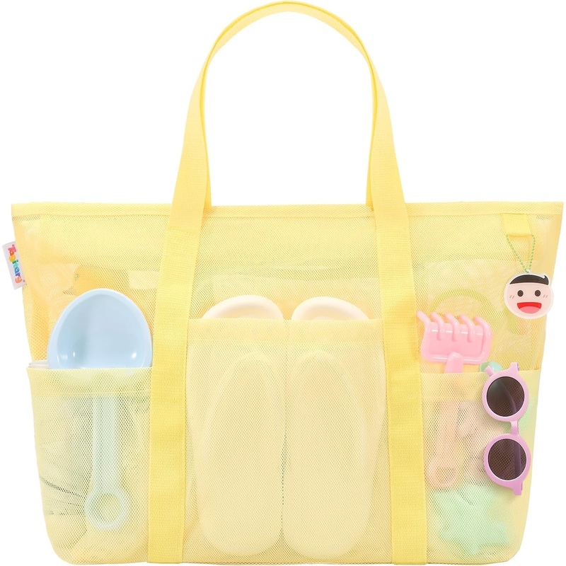 Tagitary Beach Toys Mesh Beach Bag with Zipper and 8 Pockets, Large Beach Tote Waterproof Sandproof for Travel Pool Storage