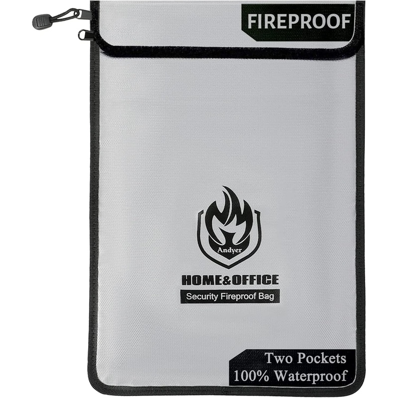 Upgraded Two Pockets Fireproof Document Bag (2000), Andyer 15X 11Waterproof Fireproof Money Bag for Cash with Zipper, Important Document Storage Organizer for Valuables, Legal Documents Safe