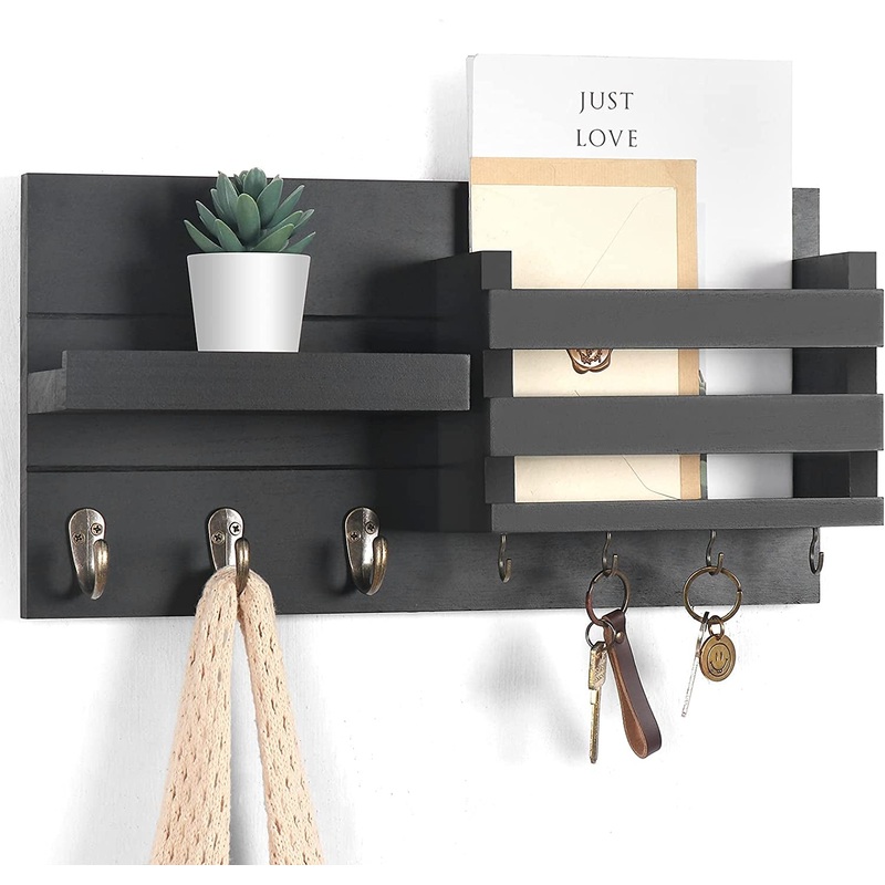Wall Mount Wood Key Holder with 7 Hooks, Mail Organizer, Storage Shelf & Mounting Hardware
