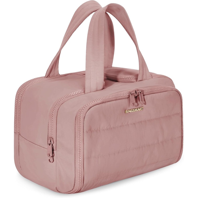 Wide-open Travel Toiletry Bag for Women, Puffy Makeup Bag with Handle, Dark Pink