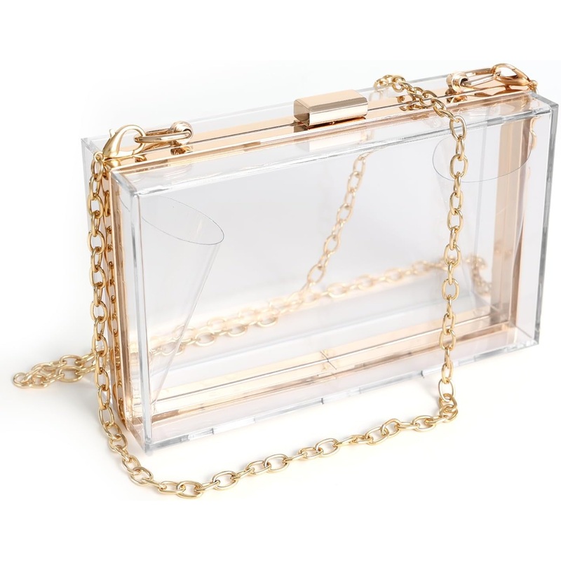 Women Clear Acrylic Box Clutch Bag Evening Crossbody With Detachable Chain