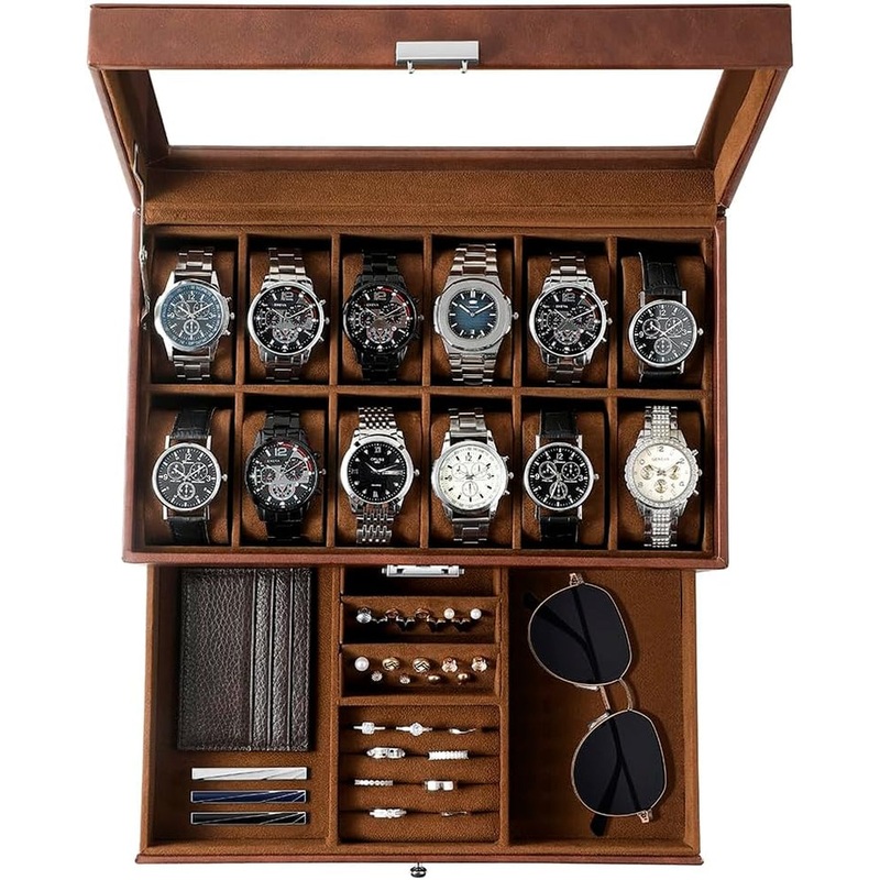 2-Layer Faux Leather Watch Organizer with 12 Slot & Glass Top Lid, Brown