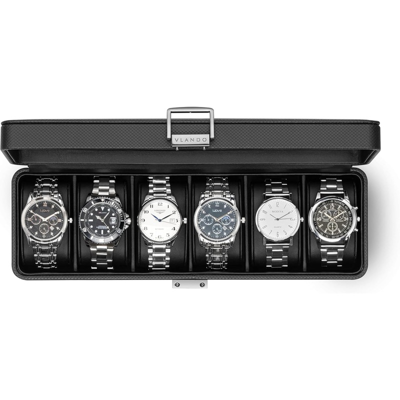 6-Slot Business Leather Watch Box for Men with Glass Lid, Lockable & Soft Pillow - Black