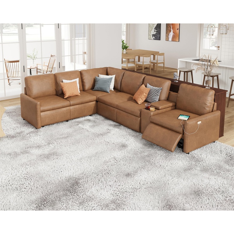 AMERLIFE Modular Leather Power Recliner Sofa Set with Console, Cup Holder & Charging Port