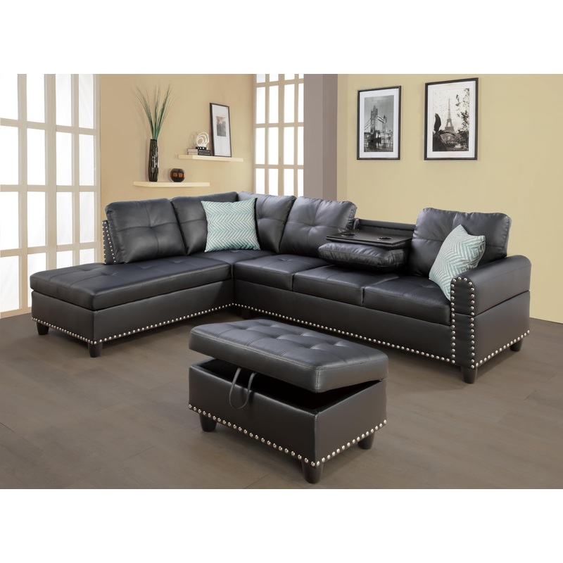 EOVTK 98" Faux Leather Sectional Sofa with Storage Ottoman Cup Holders & L-Shaped Upholstered