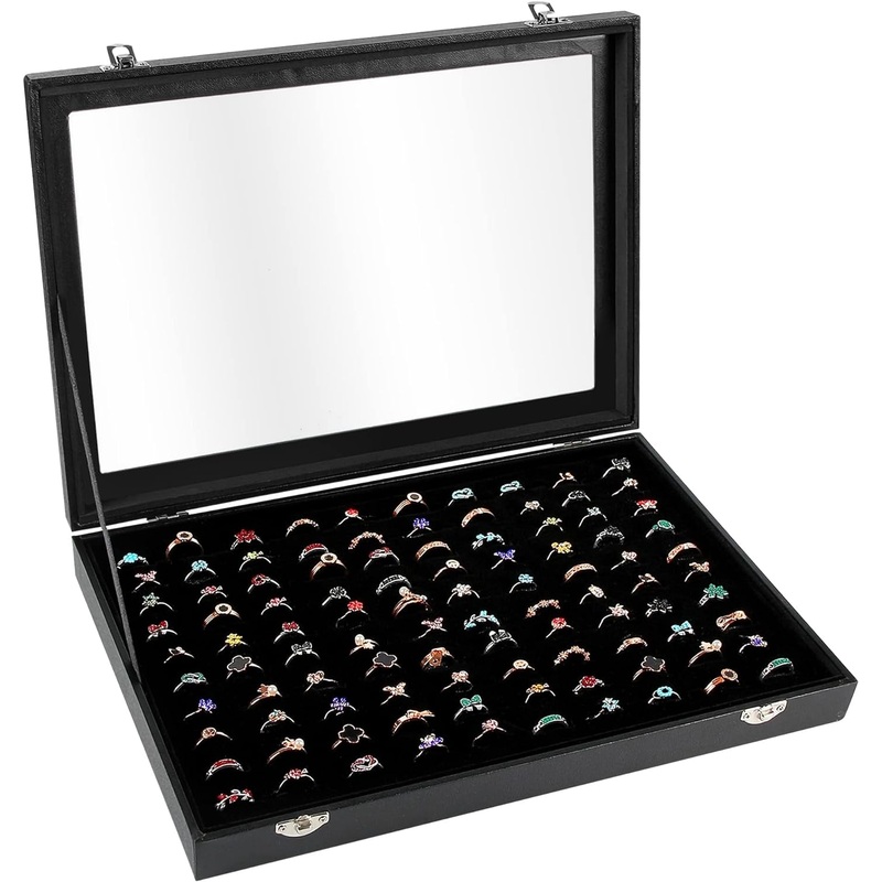 Ring Display Leather Organizer Box with Transparent Lid, 100 Slots, Black