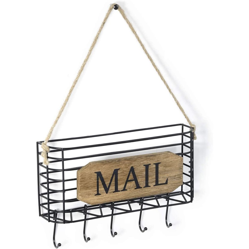 Wall Mount Mail/Key Holder with Hooks, Small, Carbonized Black