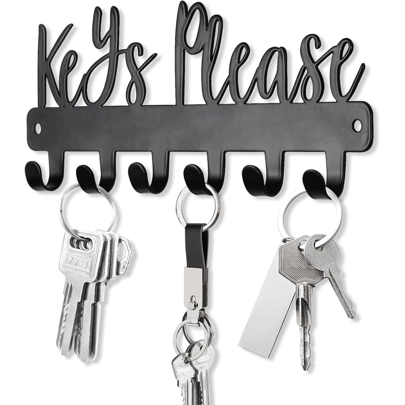 Wall Mounted Metal Keys Please Holder with 6 Hooks, Black