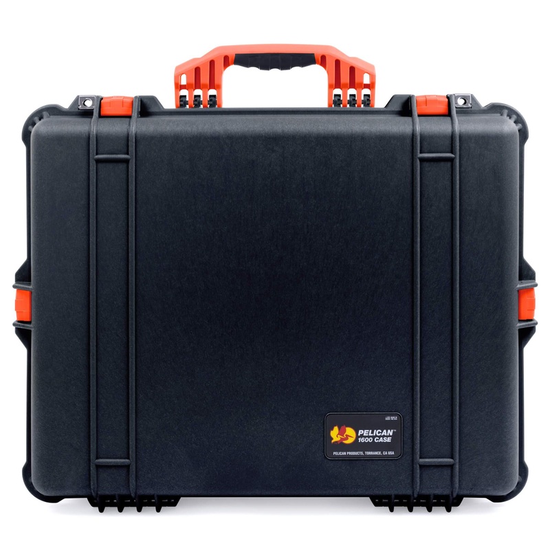 Pelican 1600 Case, Black with Orange Handle & Latches