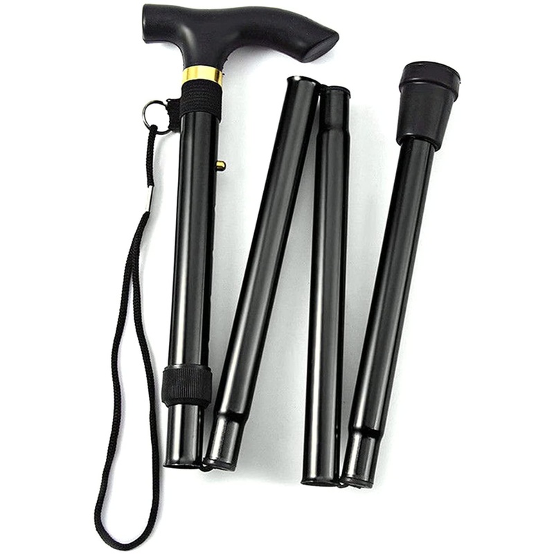 Adjustable Metal WALKING STICK Travel Cane Folding Pole Compact Retractable Hike - Black